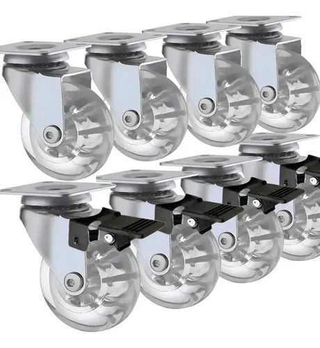 Kit 8 Rodinhas Para Moveis Rodízio Roda 50mm Silicone Reforçada Giratória Com Trava 2 Polegadas Com Placa E Freio Gel