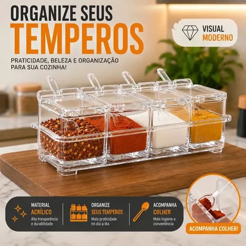 Porta Condimentos Organizador Tempero Acrílico Cozinha 4 Em 1 Transparente Com Colheres Porta Temperos Hho
